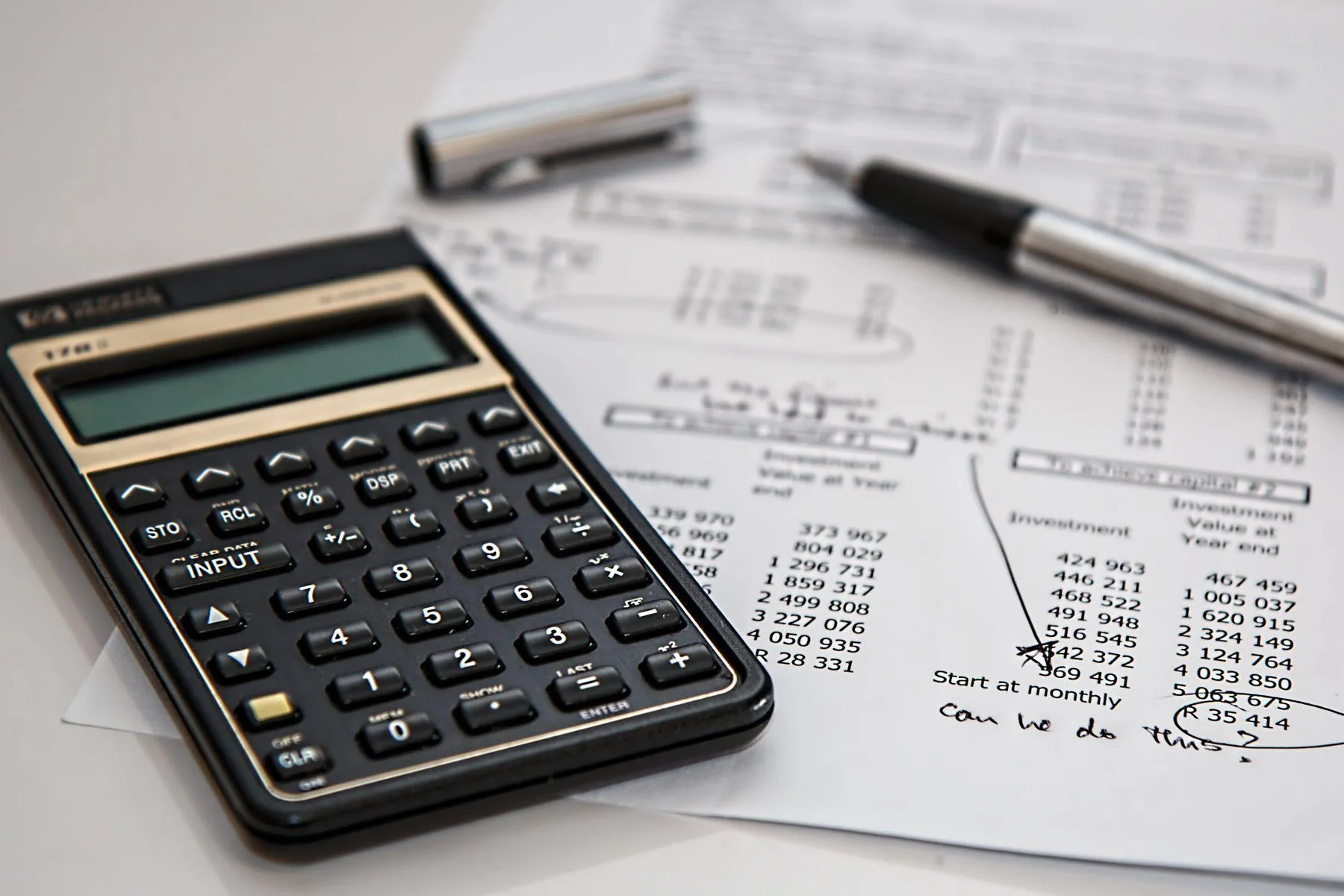 Calculator and pen resting on a handwritten financial worksheet