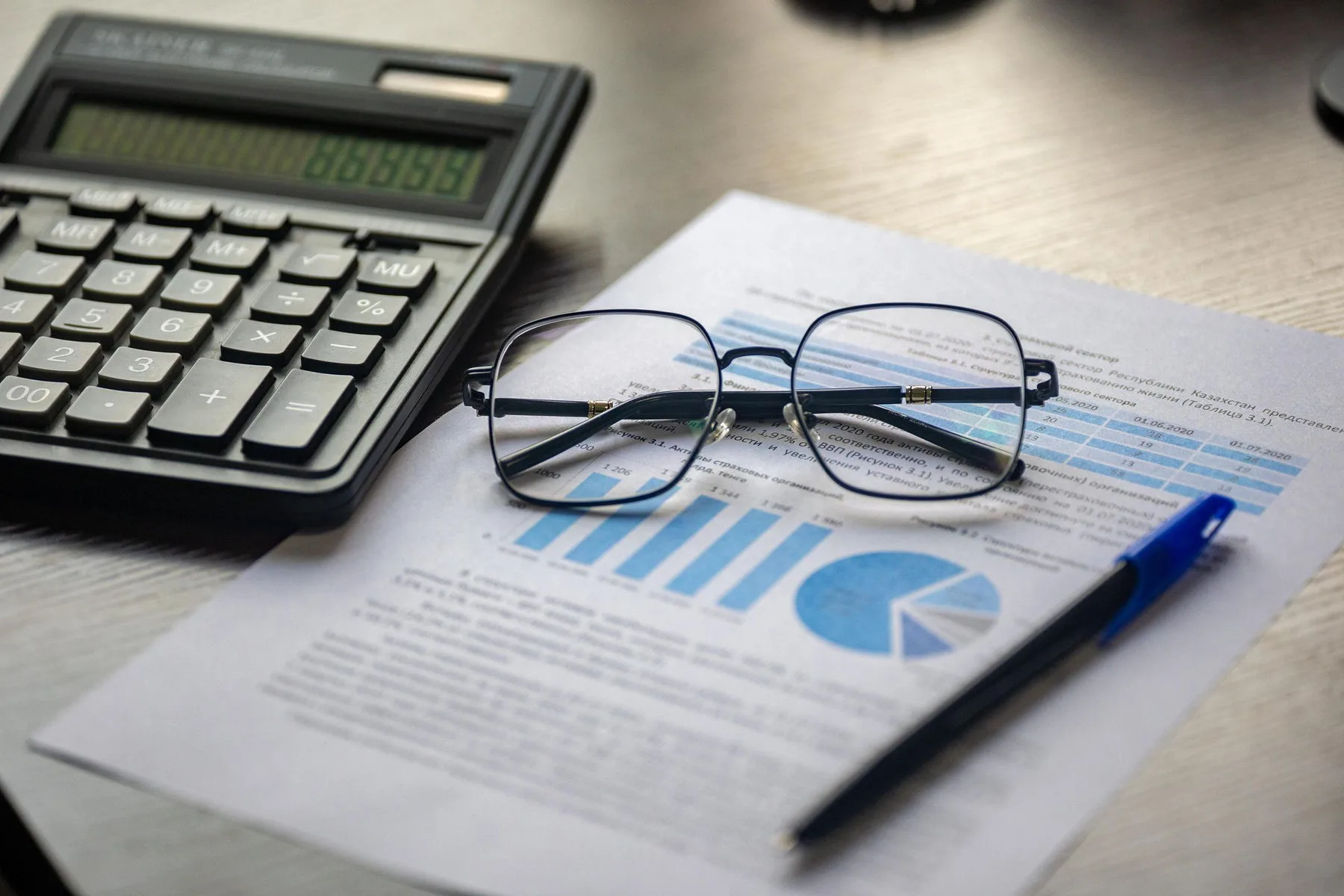 Financial report with charts, glasses and a calculator on a desk